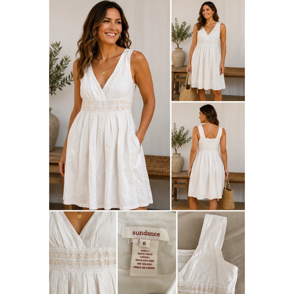 Sundance White Linen Dress Size 6 Lace Trim Cottagecore Prairie Boho